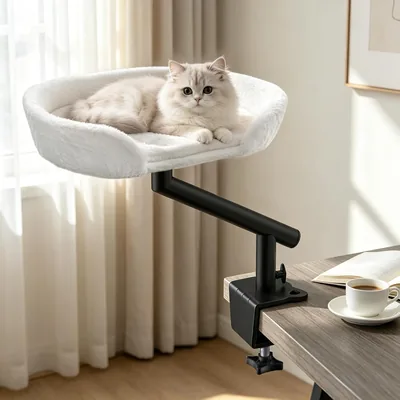 Cat Desk Bed - 360° Rotating Perch, Adjustable Height (White)