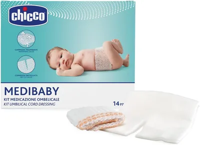 Kit per la vestizione del cordone ombelicale Chicco, 14 molde sterili TNT e 7 bendaggi tubolari elasticizzati, traspiranti e delicati
