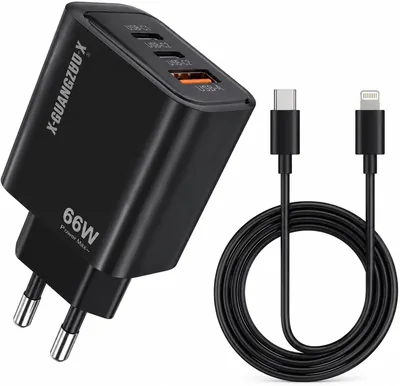 شاحن سريع 66W مع كابل USB-C إلى Lightning، متوافق مع آيفون وآيباد وأيربودز، 3 منافذ USB-C ومنفذ USB-A