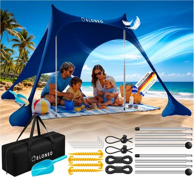 Eloneo Strandzelt mit Sonnensegel, 200 x 170 x 150 cm, SPF 50+, Sandschaufel, Pfosten, Best Deal