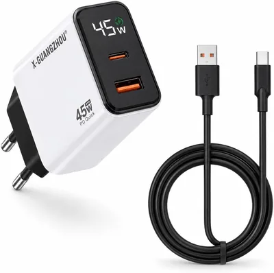 كابل عرض رقمي 45W USB-C PD و USB-A QC 3.0 مع شاحن سريع وكابل Type-C - 1 متر (توفير 9%)