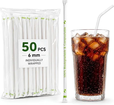 50 Biodegradable Drinking Straws - 6mm Flexible White - Best Deal