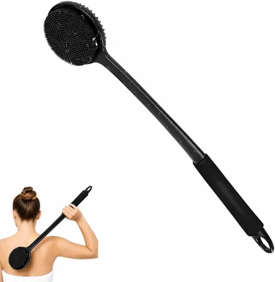 Brocha de ducha negra Mulbijeo con mango largo, cepillo de dos caras para exfoliar y masajear, limpiador corporal de silicona