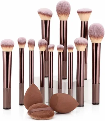 Kit de Pincéis de Maquiagem Completo - 15 Peças com Esponjas e Puff, Ideal para Base, Pó, Blush e Sombras