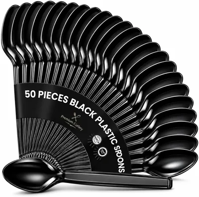Plastic Spoons Black Pack of 50 - Heavy Duty & Reusable