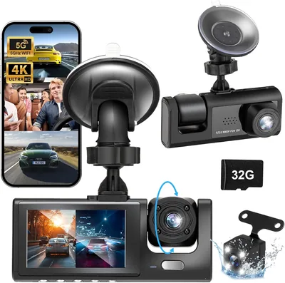 Dashcam para Auto Fhrhig WiFi, Cámara de 3 Canales IP67 con Asistente Reversa, Vigilancia de Estacionamiento 24H, Grabación
