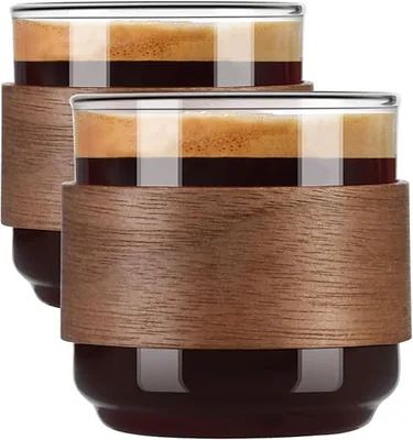 Glass Coffee Cups with Wooden Sleeve, Set of 2