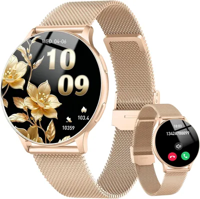 Montres intelligentes Jugeman pour femmes, 1,33" Smartwatch avec appel Bluetooth, Or | Montre ronde avec suivi du rythme cardiaque et SpO2, 12