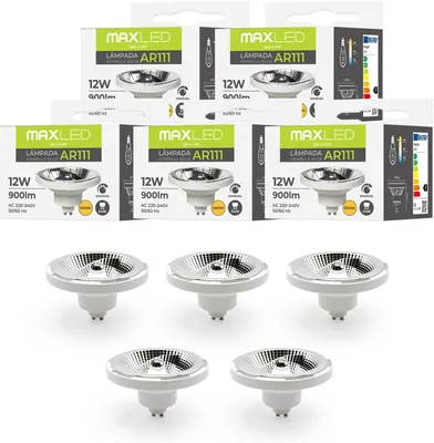 Maxled, Luz LED! Paquete de 5 Reflectores LED AR111 GU10 Dimmable 12W Equivalente a 75W Lámpara Halógena 900LM Calida Blanca 3000K