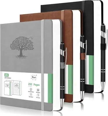 3 Pack A5 Lined Journal Notebook with Pens, Leather Hardcover Diary