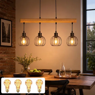 ZMH Vintage Pendelbeleuchtung Esstisch Holzpendelbeleuchtung 4 Glühbirnen in Schwarz | Industrielle Design-Pendelbeleuchtung Retro Black