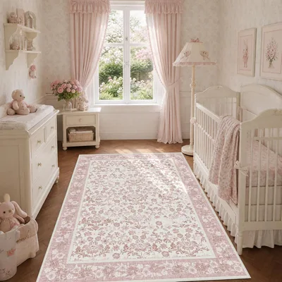 Deerly Pink Floral Nursery Rug 3x5 Washable Rug