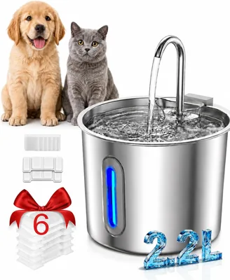 TEKXDD Fuente de Agua para Gato de 2.2L, 6 Filtros Bebedero para Gato | Fuente de Agua para Gato Acero Inoxidable 304