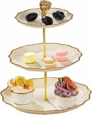 Ceramic Dessert Stand 3 Tier Gold Flower Cupcake Holder Metal Pole Crown, Best Deal