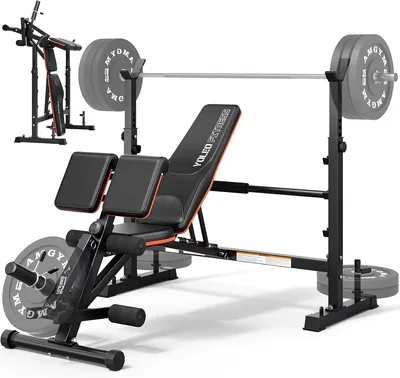 Palestra domestica multifunzione con rack per palestre, panca piatta con barra dritta, panca per addominali con estensione delle gambe e curl delle gambe - Curl bicipiti - Porta