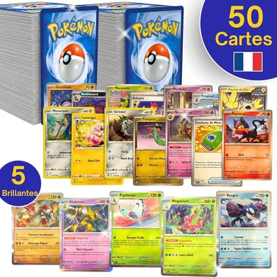 Paquet de 50 cartes Pokémon officielles en français - 5 cartes brillantes incluses - 45 cartes communes - Cartes authentiques - Paquet aléatoire pour collectionneurs