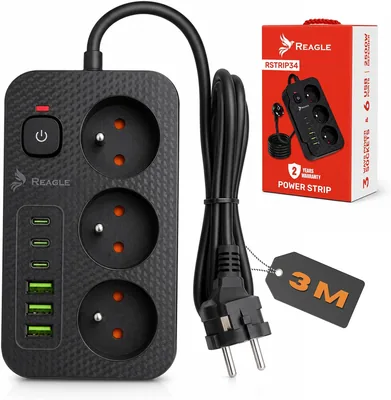 Reagle Listwa Zasilająca 3 Gniazda z 6 USB, 230V, 3x USB-A i 3x USB-C, 2500W, Czarna - Best Deal