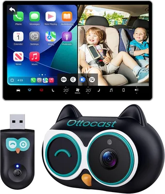 OTTOCAST Cámara de coche para bebé y adaptador inalámbrico CarPlay 2026 | Vista HD 1080P asiento trasero
