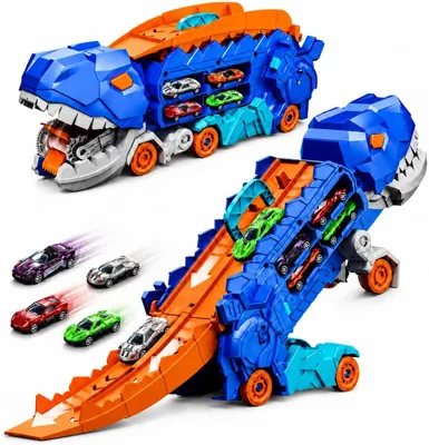Caminhão Dinossauro Transformável com 4 Carrinhos - Engole Carros - Porta-Carros Infantil - Pista Lançadora de Corrida
