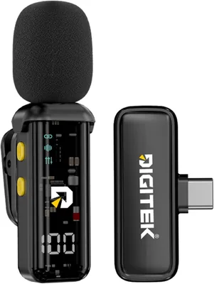 डिगिटेक DWM-011 वायरलेस माइक्रोफोन सिस्टम, आईफोन 15 सीरीज और USB-C एंड्रॉइड डिवाइस के लिए, 2.4GHz प्लग एंड प्ले लेवियर माइक, शांत