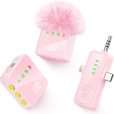 Gicorino Wireless Lavalier Microphone for iPhone Android Camera iPad - Pink | 2-Pack Mini Microphone