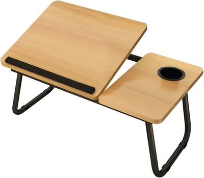 Foldable Adjustable Laptop Bed Table, Wood Finish, Cup Holder, Portable Lap Desk - Best Deal