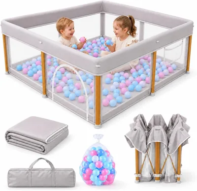 Foldable Grey Baby Playpen 50"x50" with Mat & Balls - Best Deal