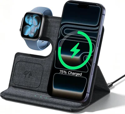 Cargador Inalámbrico Lamicall 3 en 1 con Carga Rápida y Diseño de Piel PU, Compatible con iPhone y Apple Watch