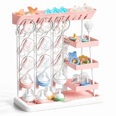 Baby Bottle Drying Rack Hook with Drip Tray and Brush (Pink3)