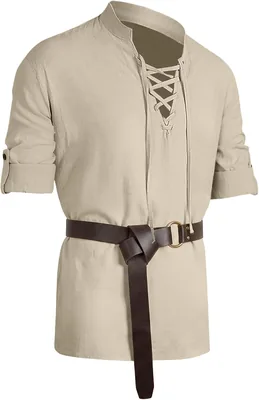 Camisa Medieval BSBUY para Hombre con Cinturón, Disfraces de Halloween | Camisas de Lino Vintage, Medievales y Renacentistas para Hombres: Cuello Henry