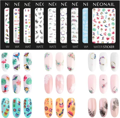 NÉONAIL Naklejki wodne - 9 arkuszy - różnorodne wzory - ozdoby do manicure