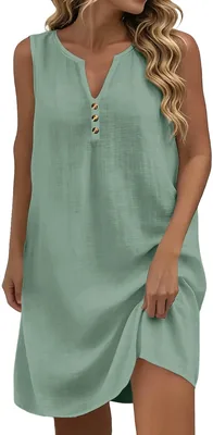 Robes d'été en lin pour femmes - Robe décontractée à col V boutonnée sans manches élégante et fluide