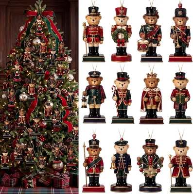 Quzzil - 36 adornos de oso de peluche de Navidad de madera de 10 cm, decoración de cuadros tartán | adornos de oso marrón cas