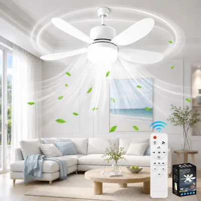 Ventilateur de plafond avec lumière et télécommande, E27/E26 silencieux, 5 pales, quiet, 3 vitesses, pour salon, bureau - Meilleurs prix
