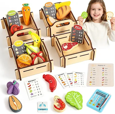 TOYBY Wooden Play Food Set for Kids Kitchen