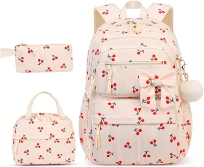 3 uds/set Mochila Linda Pana Cereza con Paquete de Comida y Estuche para Lápices - Mochila Escolar para Niñas y Mujeres, AJ