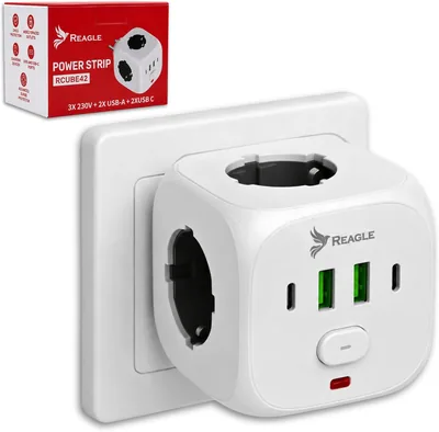 Reagle Mehrfachsteckdose Kubus ohne Kabel, 3 Fächer mit USB-A und USB-C, 2500 W Mehrfachstecker-Adapter