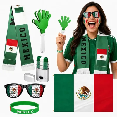 Banderas del Mundial 6 en 1, Juego de Bandera México 2026 con Bandera, Gafas, Bufanda y Máquina Automática de Aplausos - 33% de Descuento