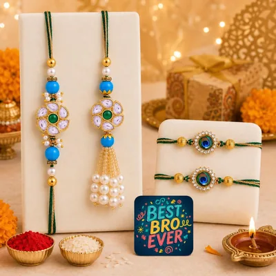 CraftWala Rakhi गिफ्ट कॉम्बो 50% ऑफ़ - भाईया-भाबी और बच्चों के लिए, चार पीस का परिवार राखी सेट