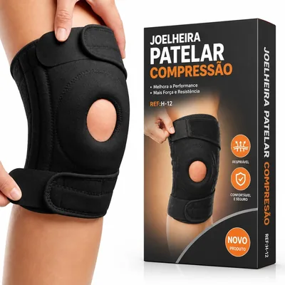 Joelheira de Compressão Ortopédica Preta Patelar Reforçada - Esportes e Proteção - Faixa Ajustável Bilateral