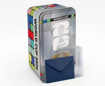 Caja metálica oficial Panini Mundial 2026 - Estuche de metal con 16 sobres oficiales, 10 fundas premium y 1 rígido