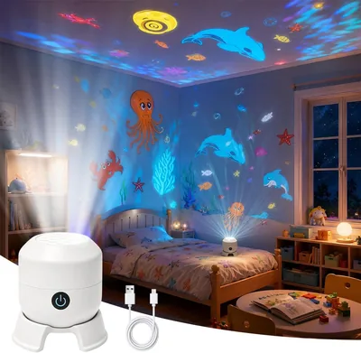 Proyector LED Dinámico CLIUNT, Luz de Noche con Proyección de Océano Colorido, Recargable por USB para Dormitorio