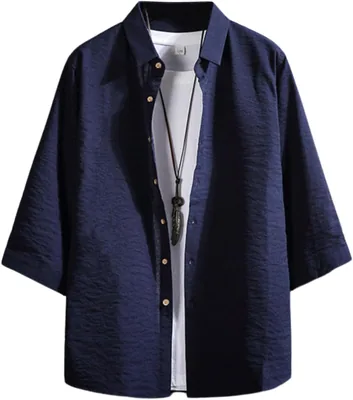 foveitaa 男性用 3/4袖シャツ - 夏服 コットンリネンシャツ 簡単 無地 大きいサイズ 日本式 クール カジュアル