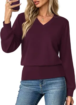 OFEEFAN Long Sleeve V Neck Shirts Women Fall Tops
