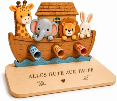 Taufgeschenk Holz Geldgeschenk Arche Noah mit Karte für Mädchen Jungen | 3D-Arche aus Naturholz mit Laser-Gravur & Grußkarte