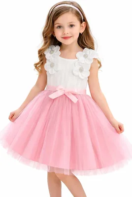Girls Floral Applique Dress 3-4Y | Sleeveless Tulle Skirt & Bow | Kids Birthday Wedding Princess Gown