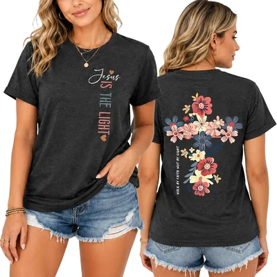 Christian Shirts for Women: Stretchy Jesus Faith Costumes Floral Cross Tee | Two-sided Jesus tee with floral cross back print Best Deal