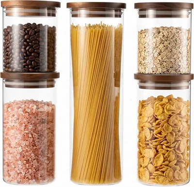 QuaLife 5-delar lagringskor set - 1x 1800 ml, 2x 1000 ml, 2x 600 ml, Borosilikatglass med akaciahuvud, lufttäkt