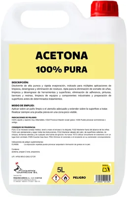 Acetona pura al 100% de 5 litros - Disolvente de alta pureza para limpieza, desengrasado y eliminación de adhesivos, resinas, pinturas y esmalte de uñas