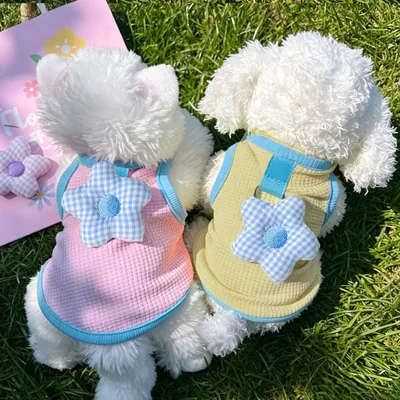 猫 犬用通気性ワッフルベスト 花 春夏 子犬子猫アパレル (黄色、L) 最安値